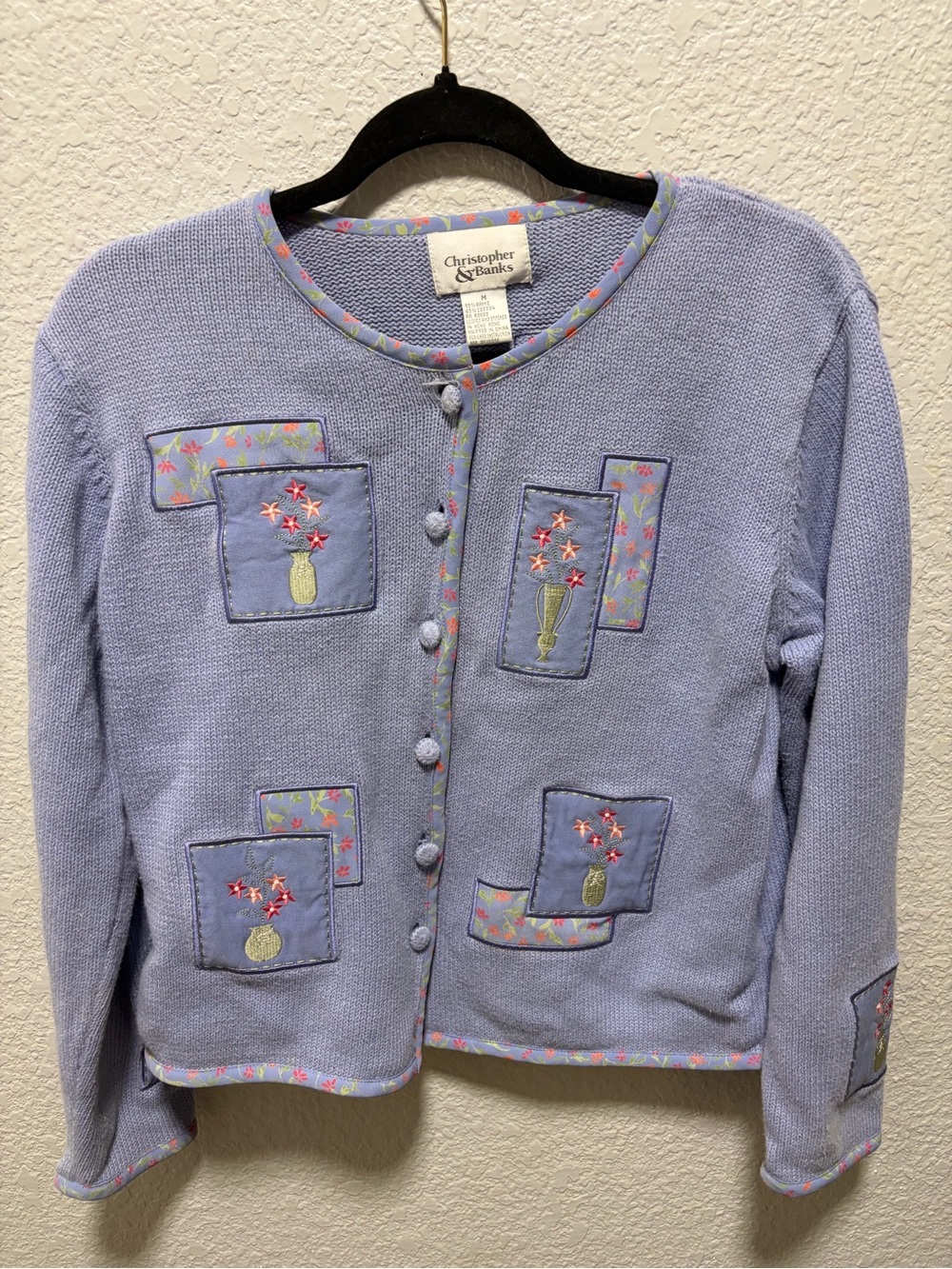 Christopher & Banks Lavender Knit Cardigan with Floral Embroidered Patches
